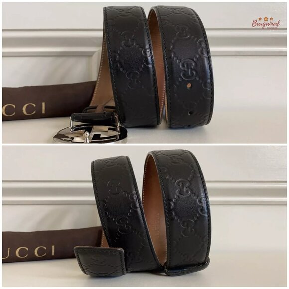 Authentic Gucci Black Guccissima Leather Silver Interlocking G Buckle Belt 85/32 - Picture 8 of 13
